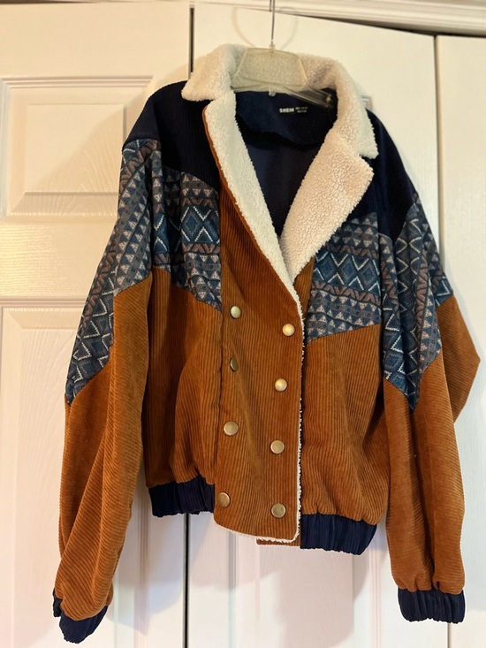 SHEIN Jackets & Blazers - SHEIN Navy Blue/Brown Corduroy Jacket with White Sherpa Collar